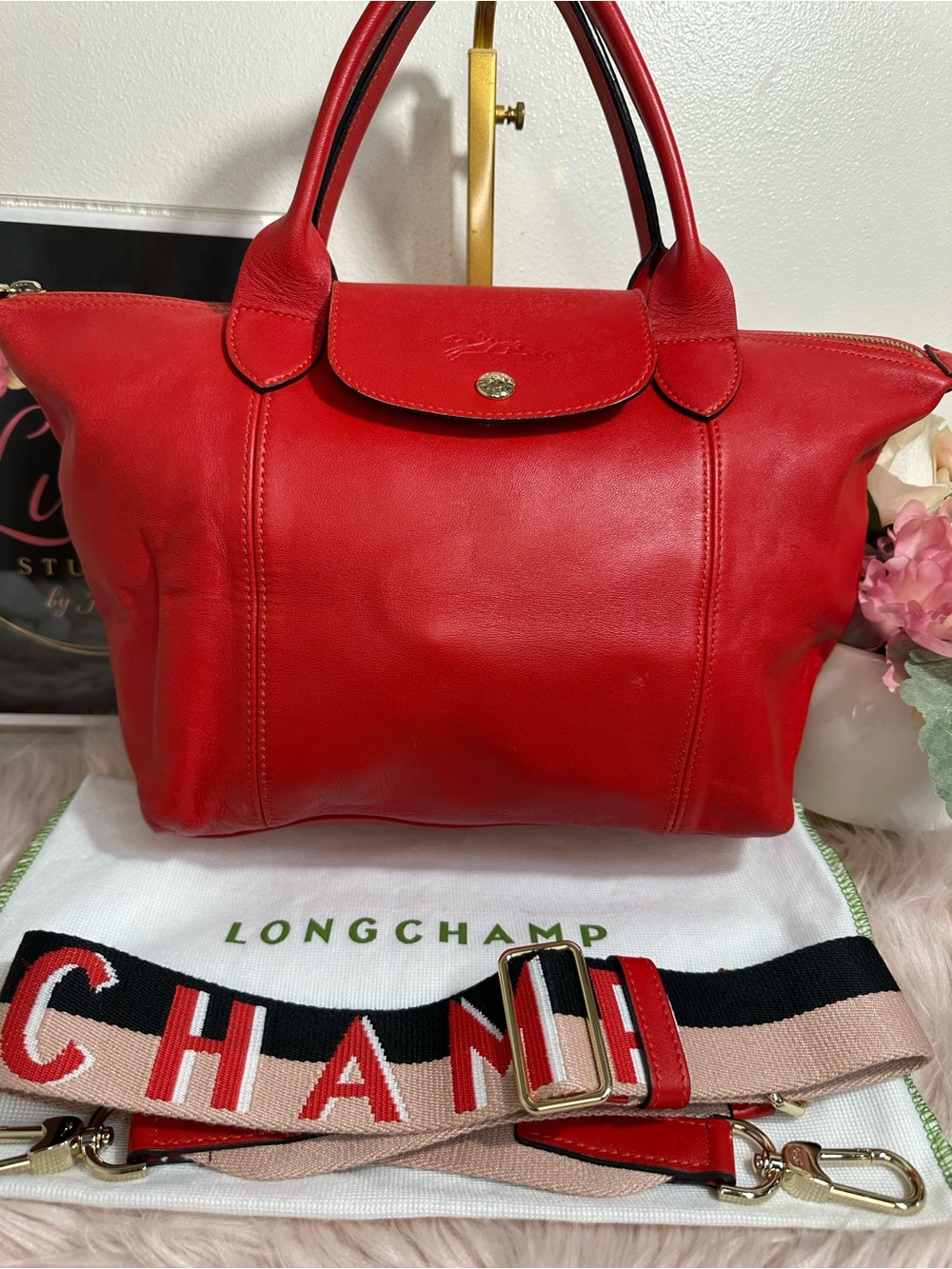 Longchamp Red Leather Tote with Branded Strap